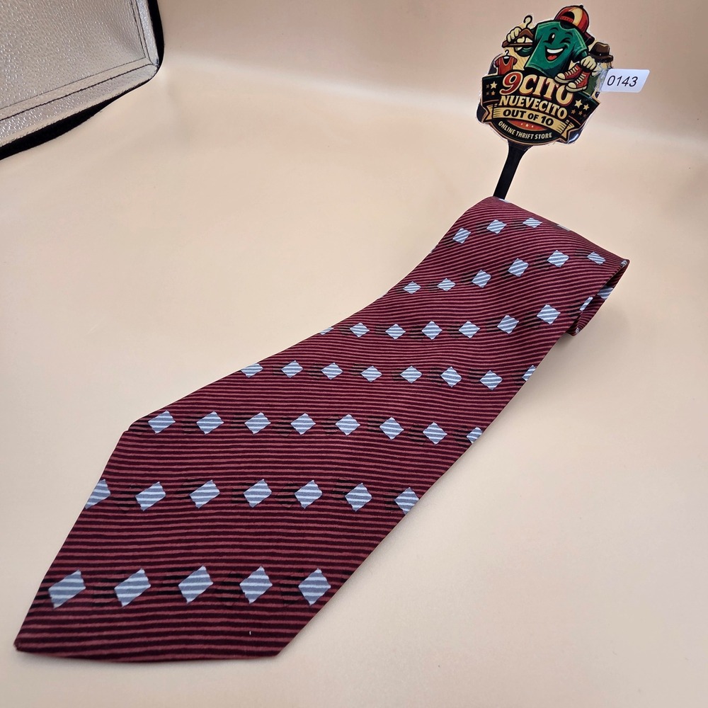 Paco Rabanne Paris Mens Silk Tie Burgundy Red Silver Geometric Square Pattern‎